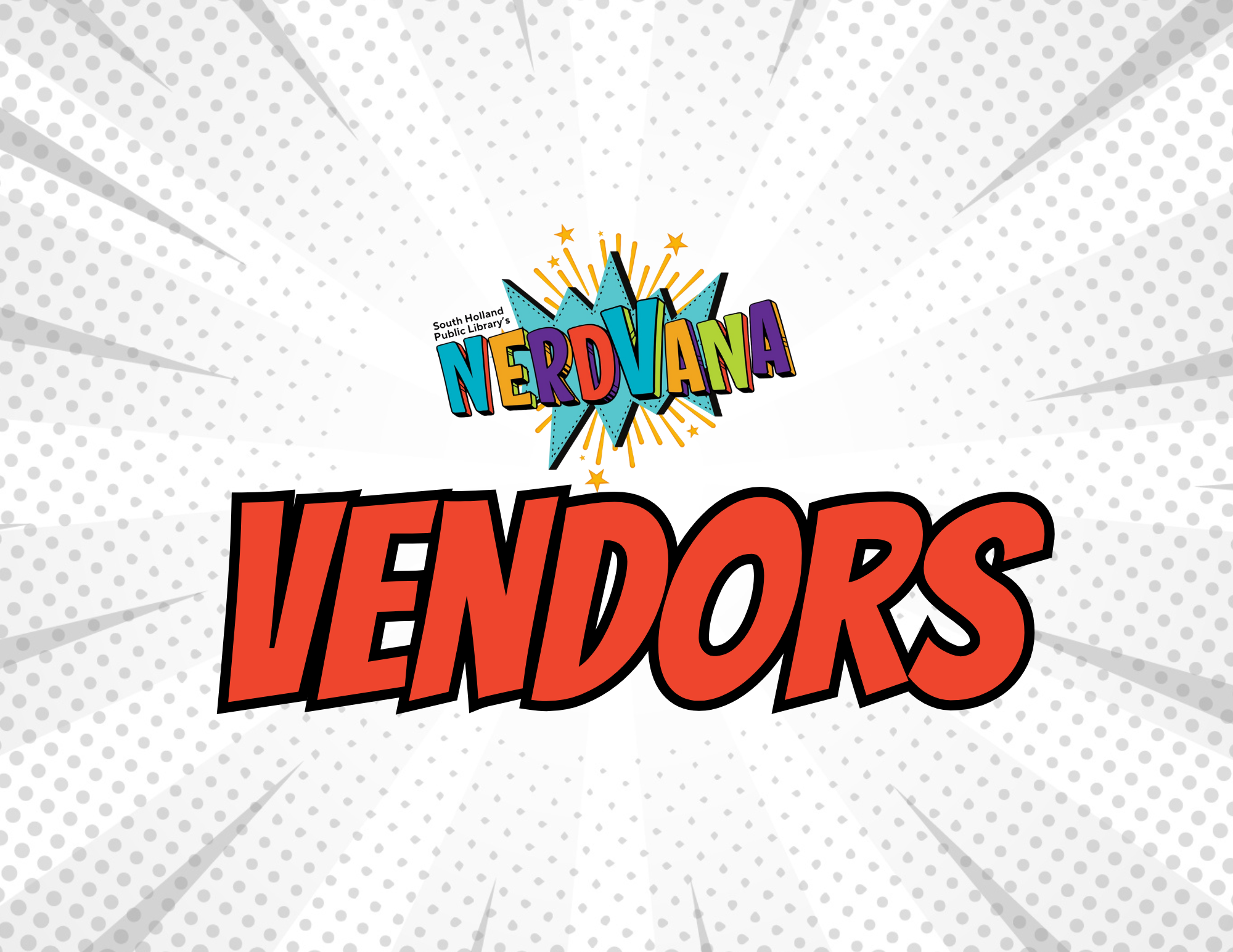 Nerdvana logo in bright multicolors and vendors in red text.