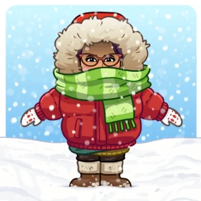 Miss Rosie Bundled up in coat, scarf, gloves, and boots in the snow