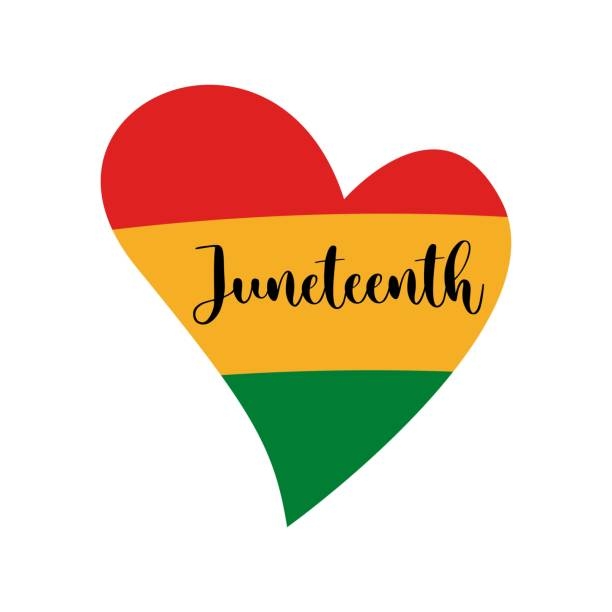 Heart with colores red yello green and words Juneteenth in center